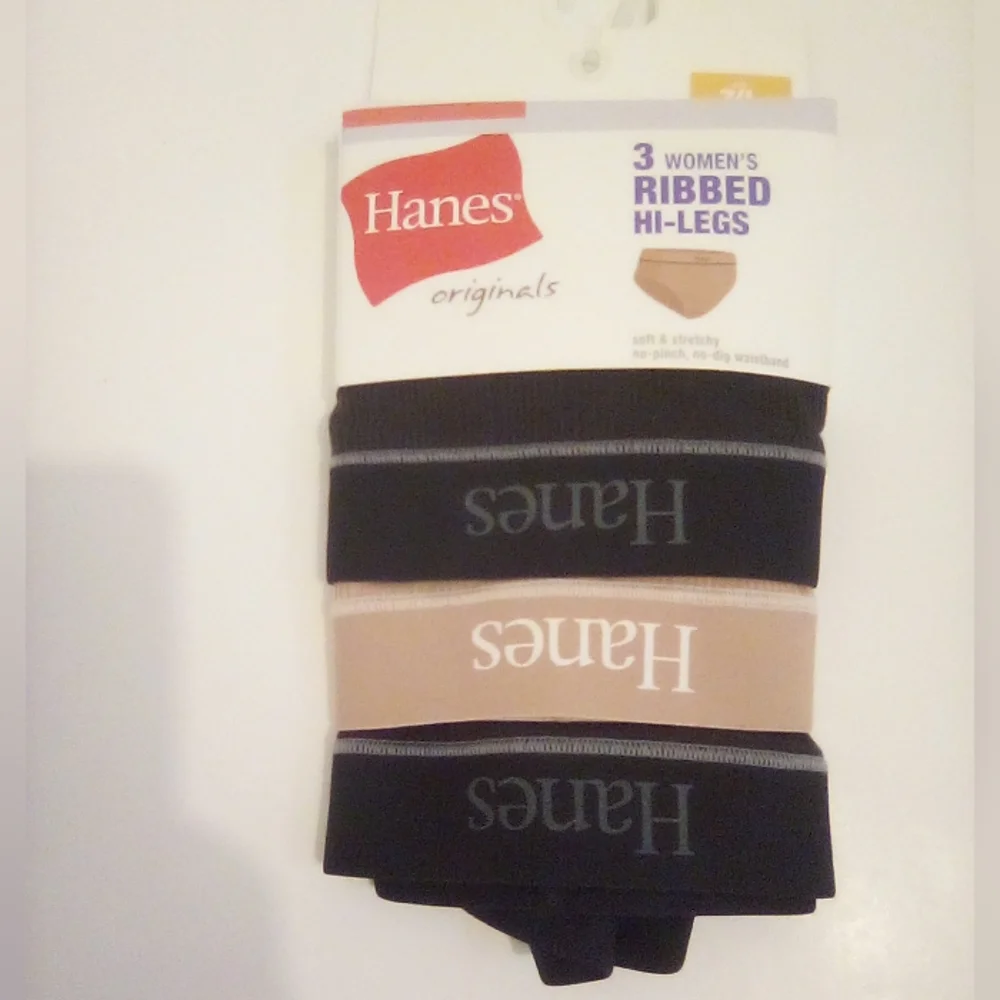 Hanes originals 3 Women's Ribbed Hi-Legs Panties Size 7/L Black&Tan